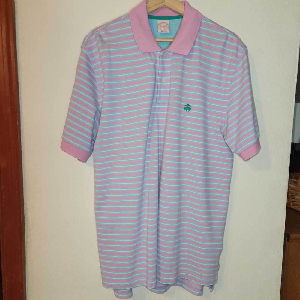 Brooks Brothers Half Button Pink Stripe Polo Short Sleeve Large Old Money Preppy